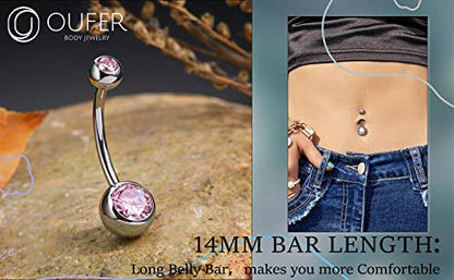 OUFER Titanium Belly Button Rings, Internally Threaded Belly Ring, Round CZ Navel Rings for Women Men - color: Pink, size: 1.6*14MM