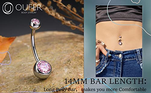 OUFER Titanium Belly Button Rings, Internally Threaded Belly Ring, Round CZ Navel Rings for Women Men - color: Pink, size: 1.6*12MM