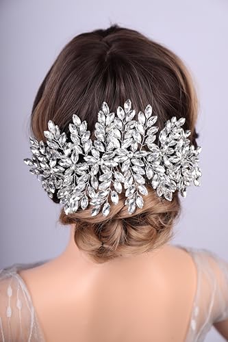 Bridal Rhinestone Hair Comb Large Rhienstone Wedding Headpiece Handmade Crystal Hair Comb for Bride Wedding Hair Accessories for Women (silver) - color: silver
