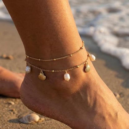 Dainty Gold Shell Pearl Charm Ankle Bracelet for Women Trendy non-Tarnish Adjustable Anklet Summer Beach Fashion Jewelry Gift - color: Pearl