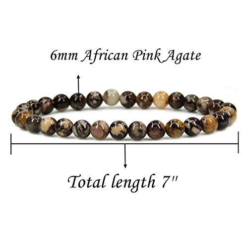Angelstones Gemstones 6mm Round Beads Healing Crystal Bracelet for women | Natural Gemstone, Handmade Gifts for Women, Healing Crystal Round Beaded Stretch Bracelets, Unisex Jewelry for Women and Men - color: African Pink Agate