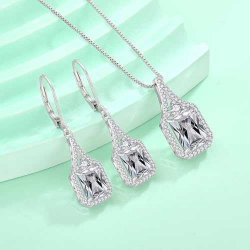 Created Gemstone Necklace 925 Sterling Silver Halo Rectangular Pendant Birthstone Necklaces Jewelry Gifts for Women - color: 04 April - Cubic Zirconia