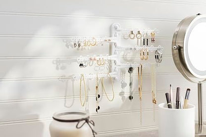 6-Tier Hanging Wall Jewelry Organizer, Earring, Necklace, Ring Holder-White | Large Capacity with 120 Earring Holes, Rotating Branches, Includes 3M Command Strips, Bracelet, Ring & Necklace Storage - color: 6-Tier Classic White