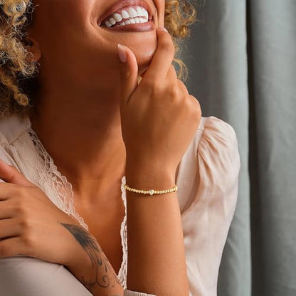 M MOOHAM Gold Beaded Charm Bracelets for Women Girls Non Tarnish | 14K Gold Plated, Dainty CZ Heart Smile Face Cross Charm Stretch Bead Bracelet for Women Teenage Teen Girls - color: Heart CZ