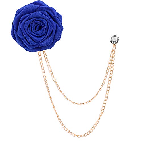 Fashion Bridegroom Wedding Brooches Cloth Art Hand-Made Rose Flower Brooch Lapel Pin Badge Tassel Chain Men's Suit Accessories - color: Blue