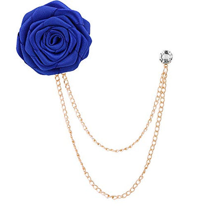 Fashion Bridegroom Wedding Brooches Cloth Art Hand-Made Rose Flower Brooch Lapel Pin Badge Tassel Chain Men's Suit Accessories - color: Blue