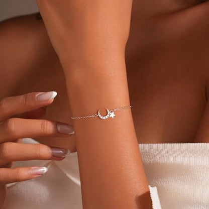 SUYACS 925 Sterling Silver Star Moon Bracelets for Women Mom | Dainty 14K Gold Plated Crescent CZ Link Bracelet Lucky Friendship Charm Chain Jewelry Birthday Gifts for Daughter Friends - color: Silver