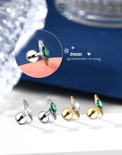 OUFER G23 Titanium Threadless Flat Back Stud, Marquise CZ Cartilage Earring, 18G Minimalist Helix Tragus Flat Piercing Jewelry for Sensitive Ears, 6mm Post - color: Silver-Green