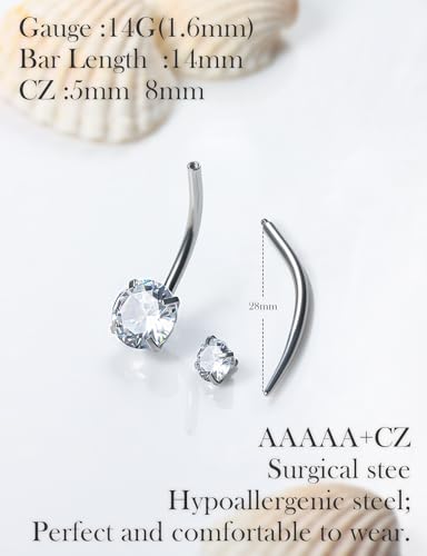 Oufksiyy Long and Extra Long Bar Belly Button Ring Internal Thread Hypoallergenic Surgical Stainless Steel 14mm 16mm 14 Gauge Navel Rings Cubic Zirconia Buuton Body Piercing Jewelry for Women Men - color: 14MM Round/Heart-shaped CZ Belly Button Ring