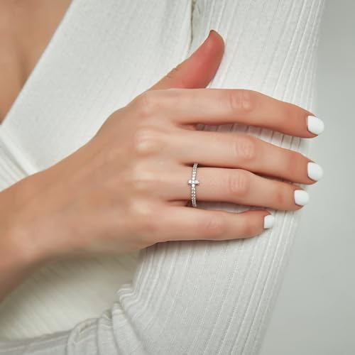 EAMTI 2mm Wedding Band Cubic Zirconia Half/Full Eternity Stackable Brass Engagement Ring Size 3-13 - color: Silver-cross
