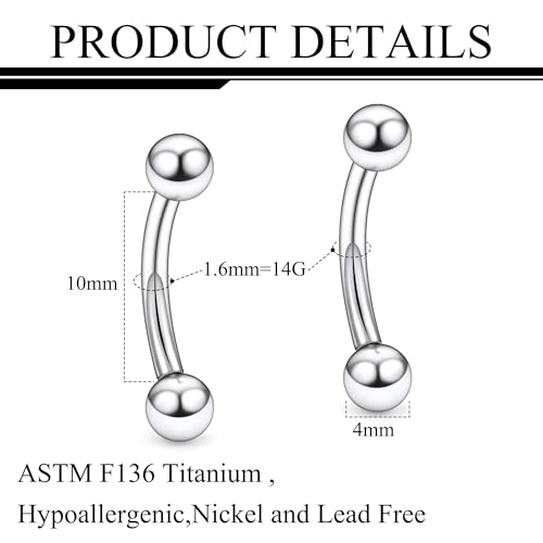 20g 18g 16g 14g Rook Piercing Jewelry Titanium Externally Threaded Curved Barbell Eyebrow Tragus Helix Conch Lobe Labret Earrings Lip Rings Body Piercing Jewelry For Women Men Ball Spike 6mm-19mm - size: 14G - 10mm Ball