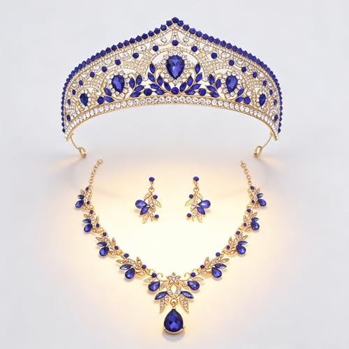 Princess Tiara Crown and Jewelry Sets for Women Wedding Rhinestone Crystal Tiaras and Crowns with Necklace Earrings Party Birthday Accessories - color: Gold Blue
