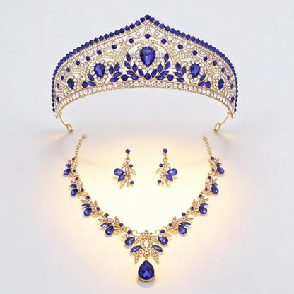 Princess Tiara Crown and Jewelry Sets for Women Wedding Rhinestone Crystal Tiaras and Crowns with Necklace Earrings Party Birthday Accessories - color: Gold Blue