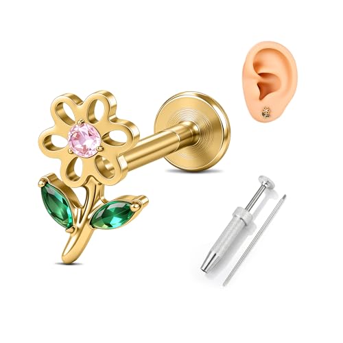 G23 Titanium Gold Filled 16G Cartilage Earring, 6mm 8mm - color: Flower, Gold, size: 8MM