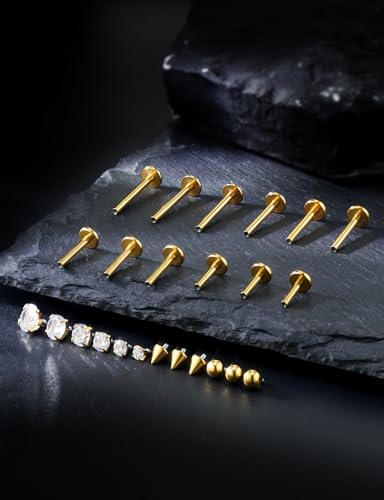 16G Internal Thread Flat Back Earrings Nose Studs 316L Surgical Steel Tragus Forward Helix Conch Cartilage Lobe Earrings Stud Medusa Labret Monroe Lip Ring Piercing Jewelry For Women Men