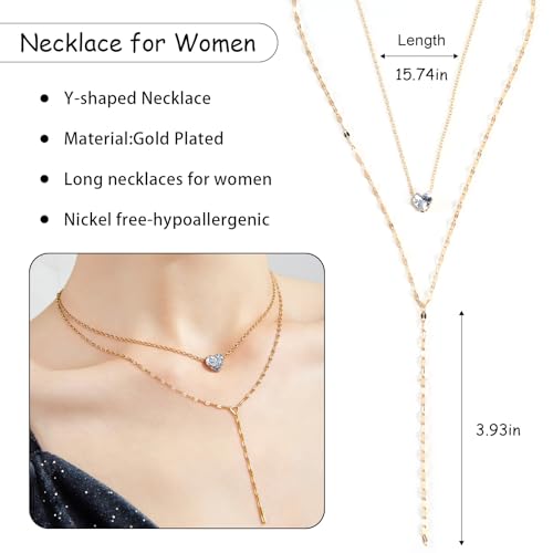 Necklace for Women, Dainty Long 14K Gold Y-Shaped Necklace Jewelry Trendy Beaded Layered Chain Drop Necklaces Jewelry Women Gifts - style: Flash Diamond-156
