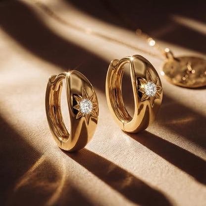 MEVECCO Chunky Huggie Hoop Earrings for Women Starburst Beaded Styles | 18K Gold Plated Brass, Triple Or Single Cubic Zirconia Star Details, Graduated Rounded Profile, Front Stone Row - style: Starburst One