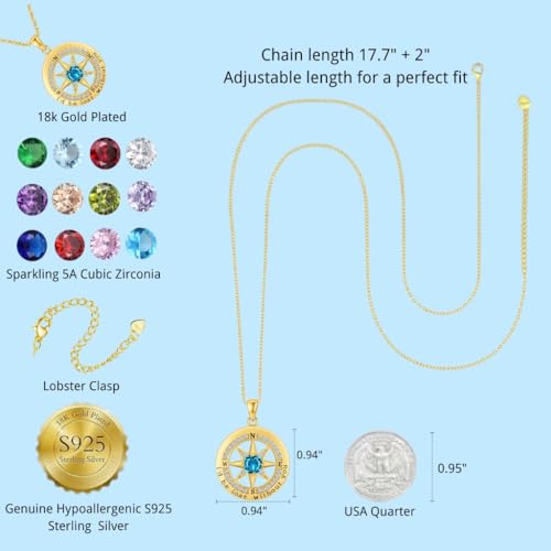Compass Necklace for Women Wife Girlfriend Mom Daughter Gifts | S925 Silver Jewelry For Anniversary 18K Rose Gold Gifts For Birthday Christmas Mothers Valentines Day 12 Birthstones - style: 12-December-Gold