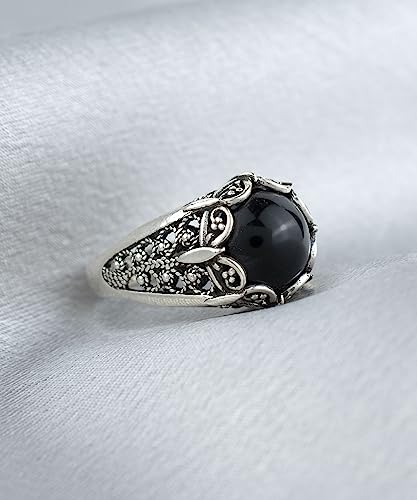 Filigranist 925 Sterling Silver Filigree Art Women Mini Dome Cocktail Ring with Gemstone, Gift Boxed - color: Black Onyx