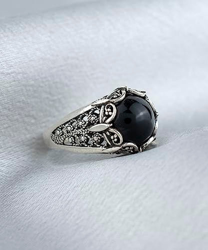 Filigranist 925 Sterling Silver Filigree Art Women Mini Dome Cocktail Ring with Gemstone, Gift Boxed - color: Black Onyx