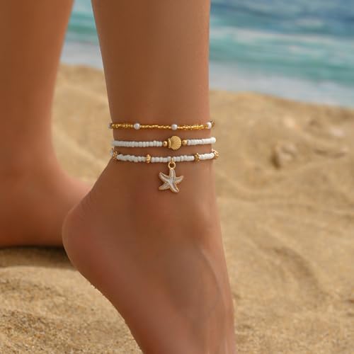 3PCS Boho Anklets for Women Summer Beach Women's Ankle Bracelets Beaded Anklet Bracelet Waterproof Beach Anklets Shell Starfish Anklet Foot Chain Jewelry for Women - color: 3PCS/Gold
