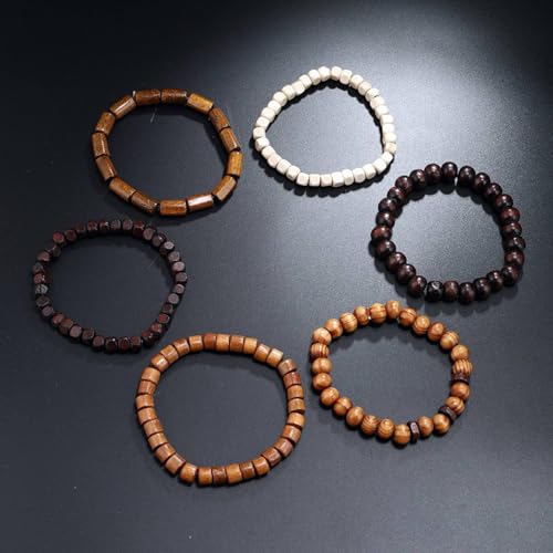 Mens Beaded Bracelets Tribal Wooden Elastic Adjustable Prayer Beads Wrap Cuff for Women - color: E: 6pcs