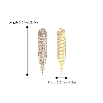 Clip-on Earrings Rhinestone Dangling for Women Fashion Long Chandelier Sparkle Crystal Tassel Dangle Drop Earring - color: Iredescent AB Gold-Tone