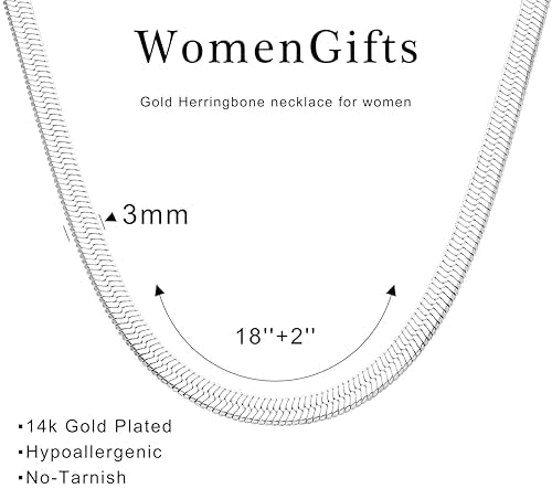 WomenGifts 14K Gold Silver Plated Herringbone Necklace for Women, Dainty Snake Chain Choker, Trendy Simple Long Layered Jewelry Non Tarnish, 3/4/5/8mm,14,16,18,20,22,24,26 Inch Thin & Chunky Options - color: Silver, style: 3mm-18inch