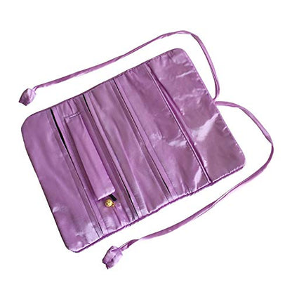 Travel Jewelry Roll Bag - Embroidered Brocade Pouch for Rings, Necklaces, Earrings, Bracelets | Lightweight & Tie Closure (Light Purple) - color: Light Purple