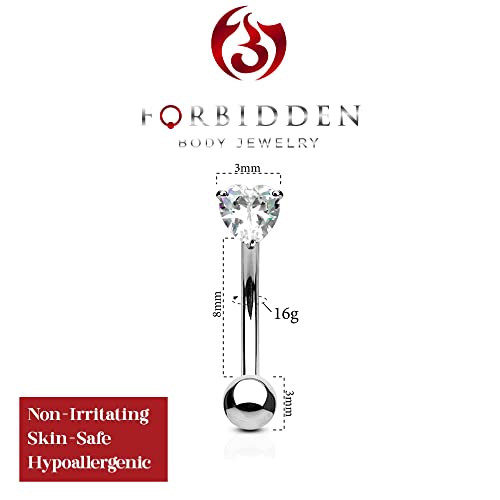 Forbidden Body Jewelry 16g 8mm Surgical Steel 3mm CZ Heart Top Barbell for Daith, Eyebrow and Rook Piercing - color: Clear CZ