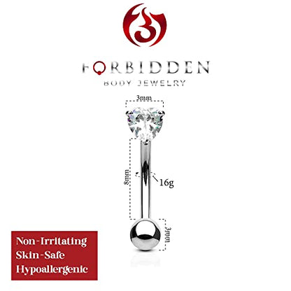 Forbidden Body Jewelry 16g 8mm Surgical Steel 3mm CZ Heart Top Barbell for Daith, Eyebrow and Rook Piercing - color: Clear CZ