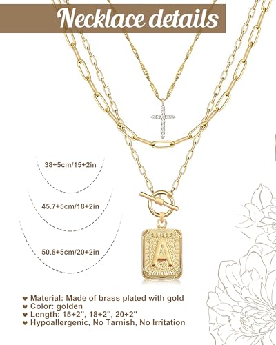 MJartoria Layered Initial Necklaces for Women Trendy, 14K Gold Plated Brass Simple Dainty Cross Choker Square Letter Pendant Necklace, Paperclip Chain Necklaces Jewelry - color: Gold, style: A.
