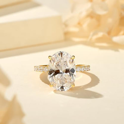 925 Silver Oval Engagement Ring,Travel Promise Ring For Women | Tarnish-Resistant Thick 14K Gold Plating, Premium 5A Cubic Zirconia, Hidden Halo Setting, Elongated Solitaire Design - color: Yellow Gold