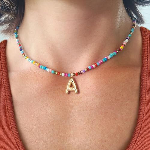VRIUA Colorful Initial Necklaces for Women – Bubble Letter A-Z Necklace Handmade Beaded Necklace Dainty Initial Necklaces for Girls Kids - Teen Girls Gifts Trendy Jewelry - color: Gold, style: A.
