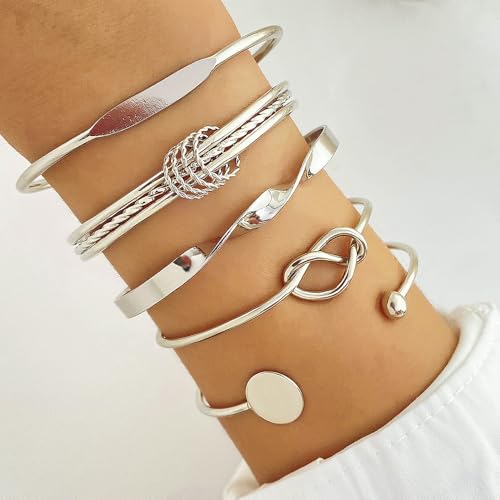 GIGB PBDK Chunky Stackable Gold Cuff Bracelets Set for Women Boho Multi Layer Silver Open Bangles Adjustable Geometry Bracelets Jewelry Accessories - color: Silver