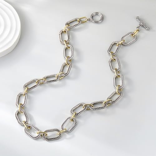 Wire Necklaces for Women, 2 Tone Link Chain Necklaces Circles Adjustable Necklaces Costume Jewelry for Women Gifts - color: Paperclip-D