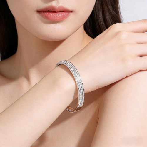 Triple-Row Rhinestone Hinged Bangle Bracelets fow Women；Sliver Plated Stainless Steel