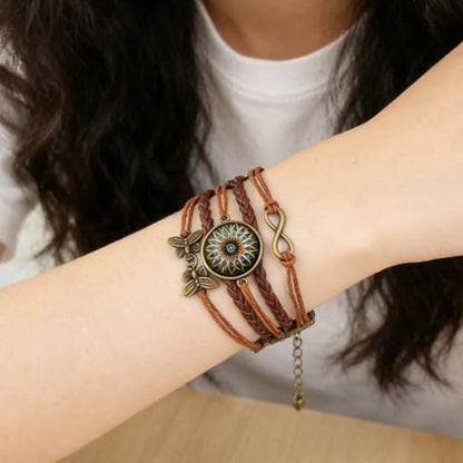 Adjustable Yoga Mandala Bracelet – Women’s Handmade Boho Braided Faux Leather Jewelry with Butterfly Charm