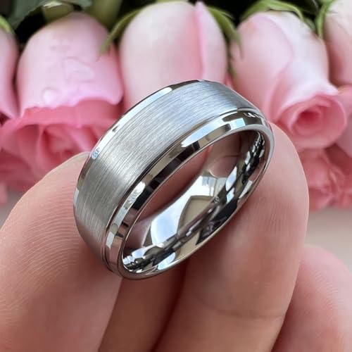 TUTISS 6mm 8mm Tungsten Rings for Men Women Fashion Engagement Wedding Bands Brushed Finish Stepped Beveled Edges Comfort Fit - color: 8mm Silver Tungsten