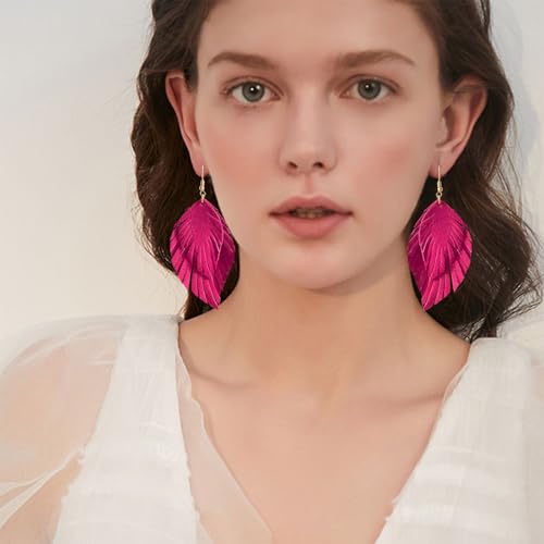 Handmade Bohemian Large Soft Genuine Leather Fringe Double Feather Dangle Drop Earrings Lightweight Simple Color PU Leaf Hook Earrings for Women - color: Rose Red