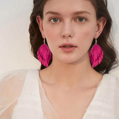 Handmade Bohemian Large Soft Genuine Leather Fringe Double Feather Dangle Drop Earrings Lightweight Simple Color PU Leaf Hook Earrings for Women - color: Rose Red