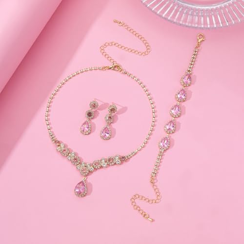 Paxuan Silver/Gold Rhinestone Crystal Wedding Bridal Bridesmaids Earrings Bracelet Set for Women Brides Bridesmaids Crystal Rhinestone Bracelet Earrings Set for Wedding Bridal Prom Pageant - color: Pink