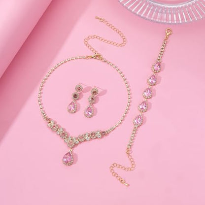 Paxuan Silver/Gold Rhinestone Crystal Wedding Bridal Bridesmaids Earrings Bracelet Set for Women Brides Bridesmaids Crystal Rhinestone Bracelet Earrings Set for Wedding Bridal Prom Pageant - color: Pink