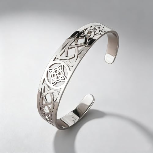 Irish Knot Cuff Bracelet Retro Celtic Bangle for Men Women | Hollow Celtic Irish Knot design, 3 colors, wear-resistant stainless steel for daily wear of men women - color: silvery