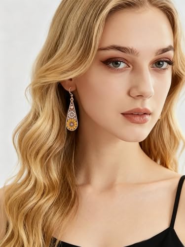 Bohemian Crystal Teardrop Dangle Earrings, Copper, Tribal Geometric Design, Handmade National Style for Women - color: Mustard Yellow