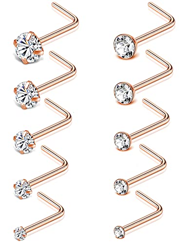 20G 10Pcs Stainless Steel L Screw Bone Shaped Nose Studs Rings Square Round CZ Nose Ring Labret Nose Piercing Jewelry for Men Women Silver Tone 1.5mm-2mm-2.5mm-3mm-3.5mm CZ - style: D:10Pcs,L Shaped(Rose Gold Tone)