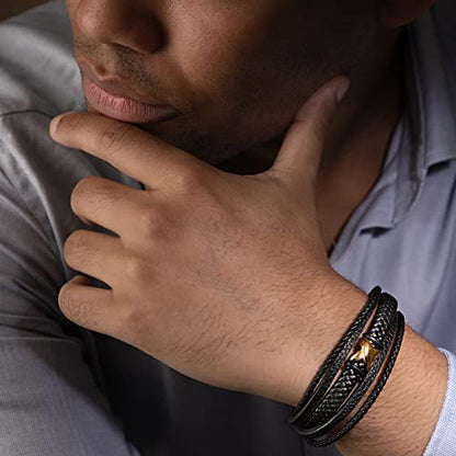 SERASAR Premium Leather Bracelet Men | Stainless Steel Magnetic Clasp | Three Colors | Jewelry Box Included - color: Gold, size: 17cm, style: Flake