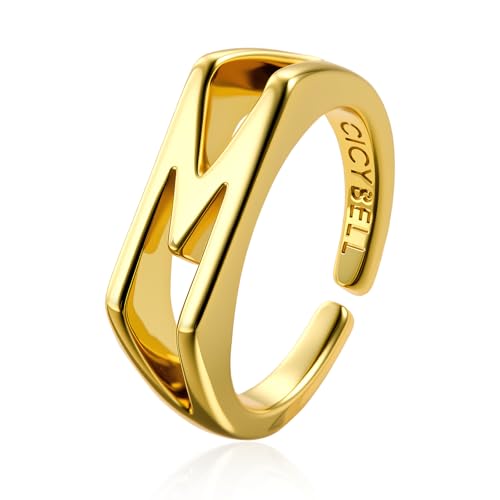 Cicy Bell Initial Rings for Women 18k Gold Plated Adjustable Rings | Open Signet Rings, Bold Letter, Personalized Engraved, For Party - color: Initial-M
