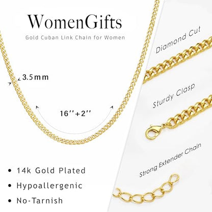 WomenGifts Cuban Link Chain Necklace for Women, Waterproof 14k Gold Silver Plated Chain Choker, Non Tarnish Stainless Steel Jewelry, 3.5/5/6/8/11mm,14/16/18 Inch Thin&Chunky&Thick - color: Gold, style: 3.5MM-16"