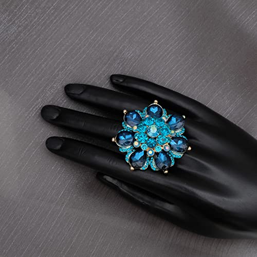 Flower Shape Crystal Cocktail Stretch Ring Party Prom Floral Statement Elastic Ring for Women - color: 2RI255-Aquamarine-gold tone